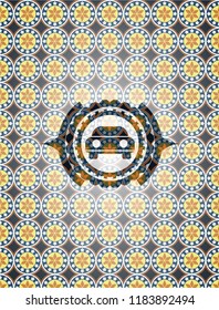 car seen from front icon inside arabic emblem background. Arabesque decoration.