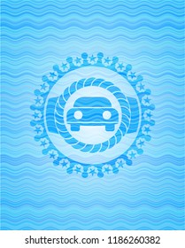 car seen from front icon inside water wave representation emblem background.