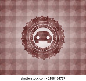 car seen from front icon inside red emblem or badge with geometric pattern background. Seamless.
