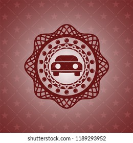 car seen from front icon inside red emblem. Retro