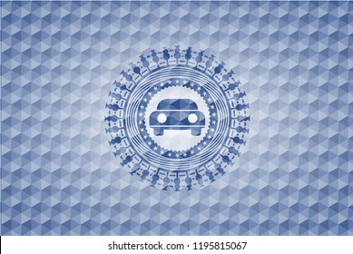 car seen from front icon inside blue emblem with geometric background.