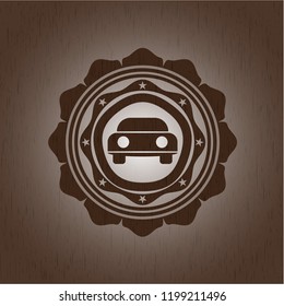 car seen from front icon inside wooden emblem. Vintage.