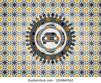car seen from front icon inside arabesque badge. arabic decoration.