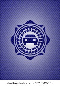 car seen from front icon inside badge with jean texture