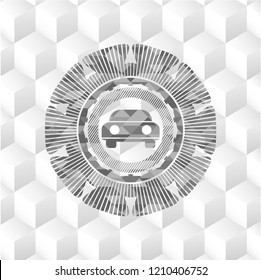 car seen from front icon inside grey icon or emblem with geometric cube white background