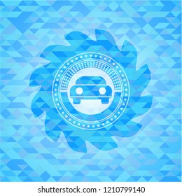 car seen from front icon inside light blue emblem with mosaic background