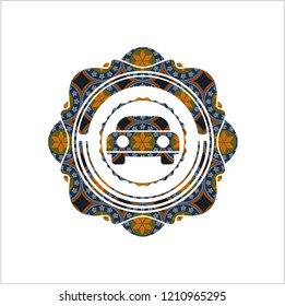 car seen from front icon inside arabesque style emblem. arabic decoration.