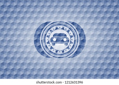 car seen from front icon inside blue emblem or badge with abstract geometric pattern background.