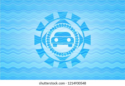 car seen from front icon inside water wave emblem background.