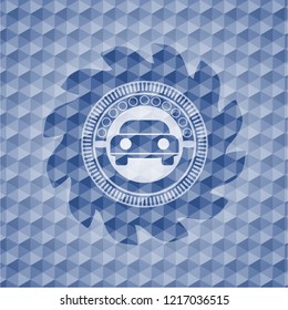 car seen from front icon inside blue emblem with geometric pattern.