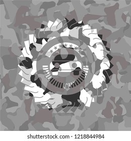 car seen from front icon inside grey camouflage emblem