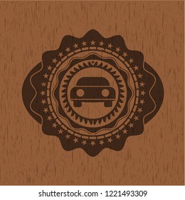 car seen from front icon inside retro wooden emblem