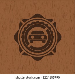 car seen from front icon inside badge with wooden background