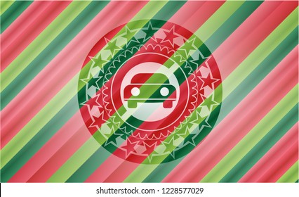 car seen from front icon inside christmas colors style badge.