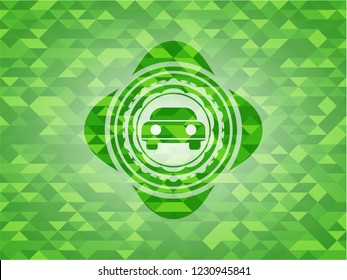 car seen from front icon inside realistic green mosaic emblem