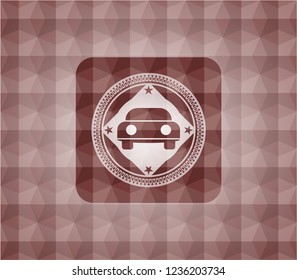 car seen from front icon inside red seamless badge with geometric pattern.