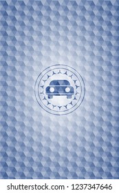 car seen from front icon inside blue emblem with geometric background.