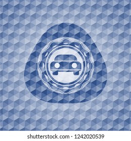 car seen from front icon inside blue emblem with geometric background.