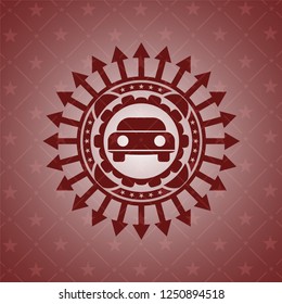 car seen from front icon inside red emblem. Retro