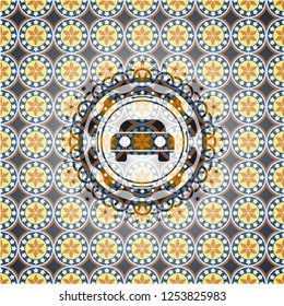 car seen from front icon inside arabic badge background. Arabesque decoration.