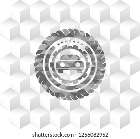 car seen from front icon inside grey emblem. Vintage with geometric cube white background