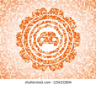 car seen from front icon inside abstract orange mosaic emblem with background