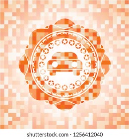 car seen from front icon inside orange tile background illustration. Square geometric mosaic seamless pattern with emblem inside.