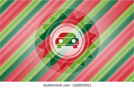 car seen from front icon inside christmas colors style badge.