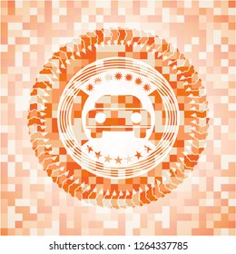 car seen from front icon inside abstract emblem, orange mosaic background