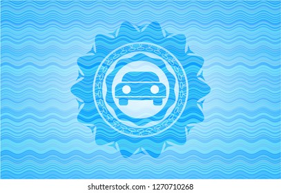 car seen from front icon inside sky blue water style emblem.