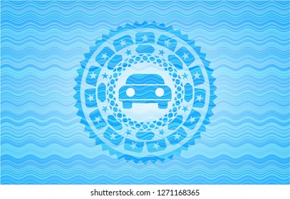 car seen from front icon inside sky blue water emblem.