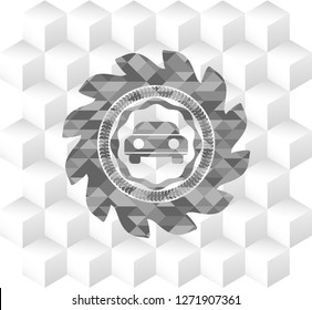 car seen from front icon inside grey emblem with cube white background