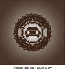 car seen from front icon inside retro style wooden emblem