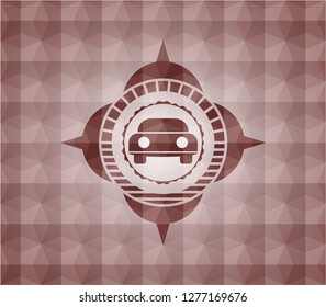 car seen from front icon inside red geometric emblem. Seamless.