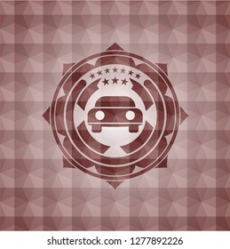 car seen from front icon inside red emblem or badge with geometric pattern background. Seamless.