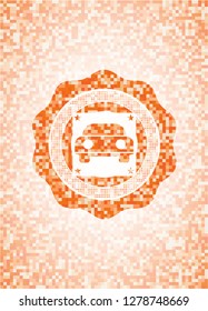 car seen from front icon inside abstract emblem, orange mosaic background