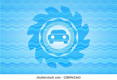 car seen from front icon inside water wave representation badge background.