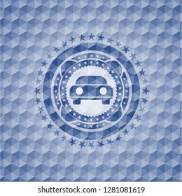 car seen from front icon inside blue emblem with geometric pattern.