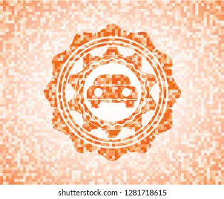 car seen from front icon inside orange tile background illustration. Square geometric mosaic seamless pattern with emblem inside.