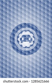 car seen from front icon inside blue badge with geometric background.