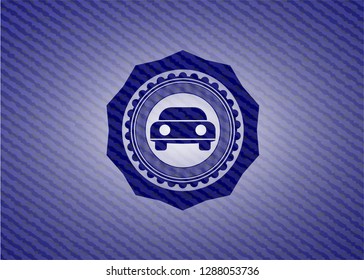 car seen from front icon inside emblem with denim texture