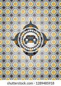car seen from front icon inside arabesque style emblem. arabic decoration.