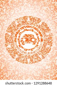 car seen from front icon inside abstract emblem, orange mosaic background