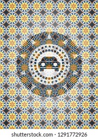 car seen from front icon inside arabesque badge background. arabic decoration.