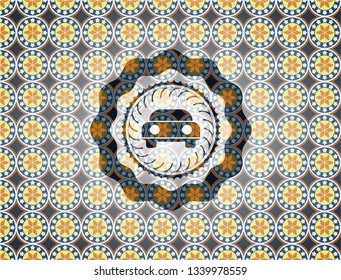 car seen from front icon inside arabesque style emblem. arabic decoration.