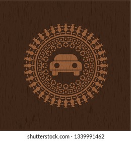 car seen from front icon inside realistic wooden emblem