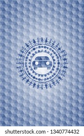car seen from front icon inside blue emblem or badge with abstract geometric polygonal pattern background.
