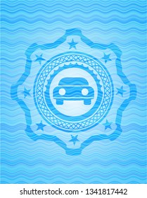 car seen from front icon inside light blue water wave badge background.