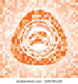 car seen from front icon inside abstract emblem, orange mosaic background