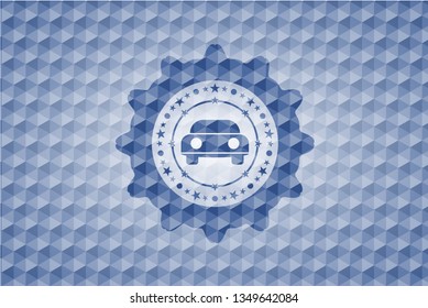 car seen from front icon inside blue emblem with geometric pattern.